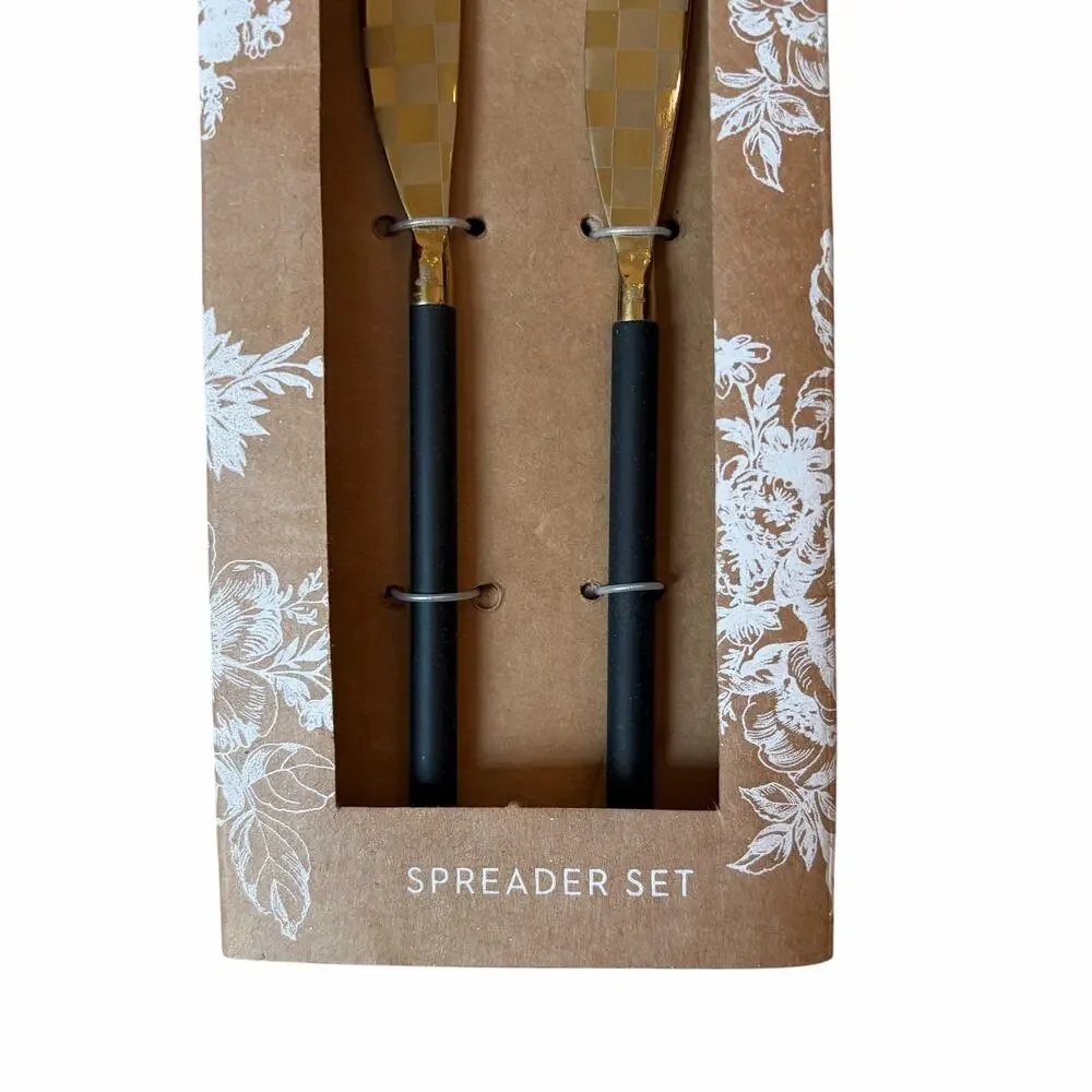 NEW Mackenzie-Childs Black Spreader Set of 2 Black & Gold Checked